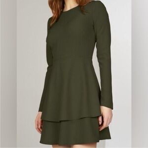 Hutch Olive Green Cami Tiered Double Layered Long Sleeve Fit Flare Mini Dress